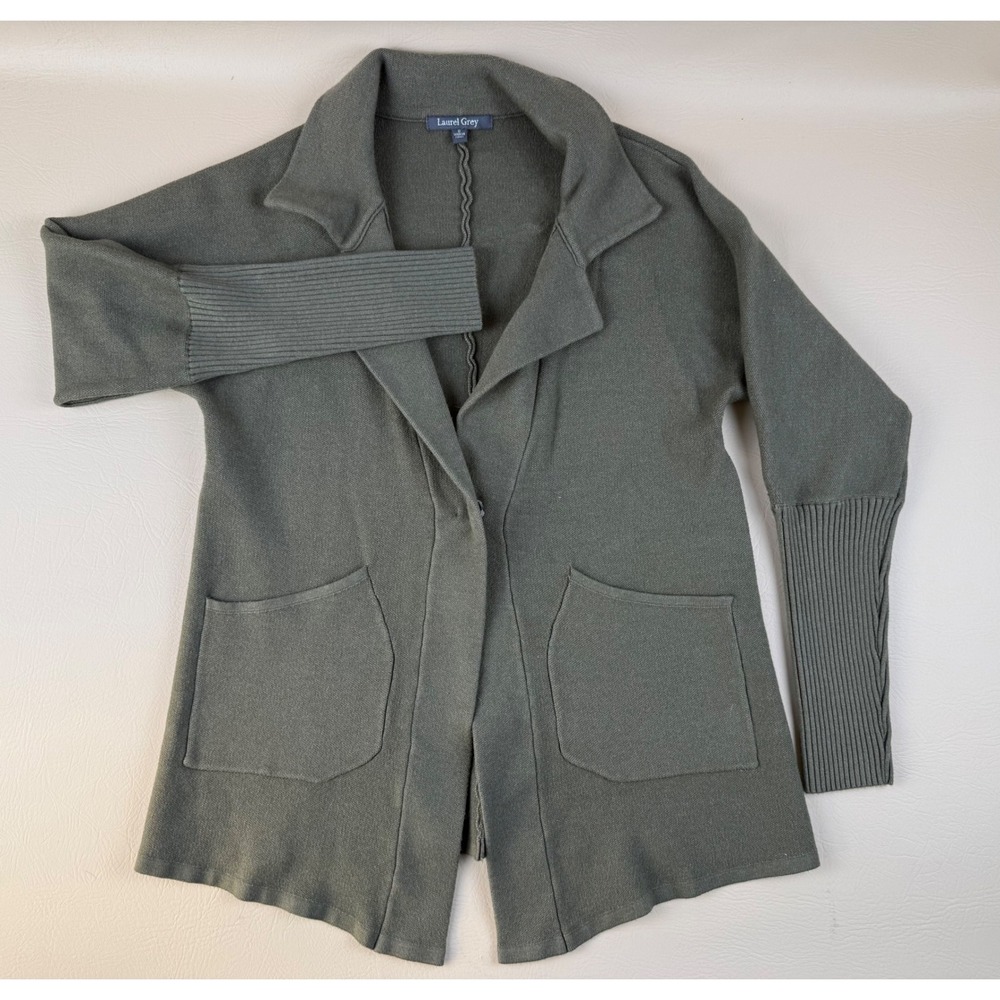 Minimalist Knit Blazer Cardigan Olive Green Snap Pocket Small Laurel Grey